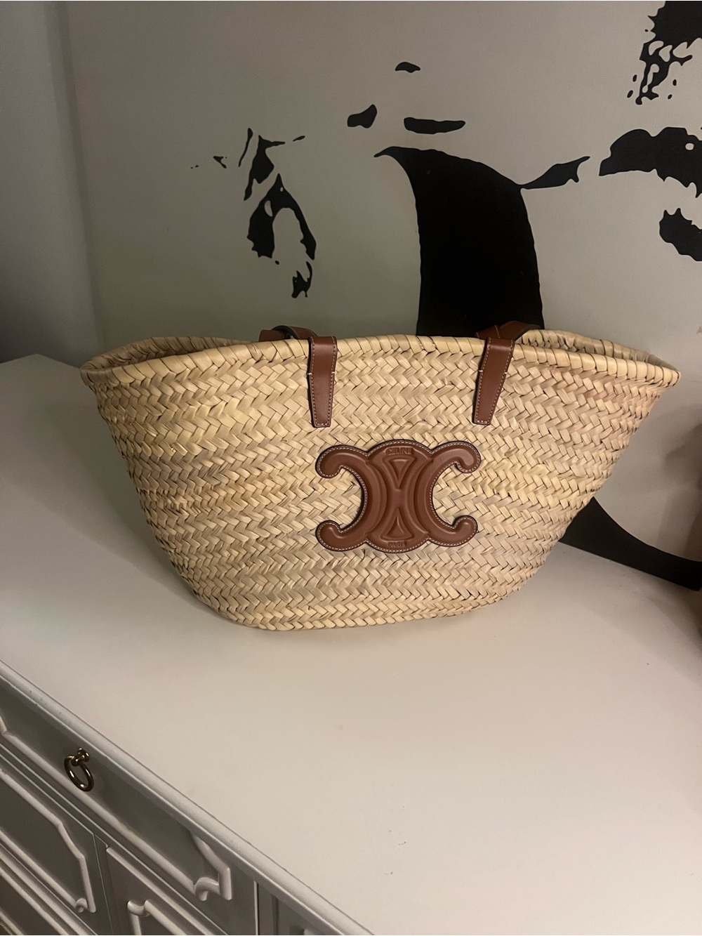 Celine Natural Straw Tote with Brown Leather Logo and Handles